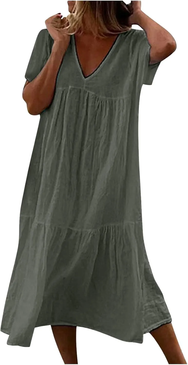 Womens Summer Short Sleeve V Neck Midi Dress 2025 Fashion Casual Fit Flowy Tiered Boho Beach Vacation Sundress