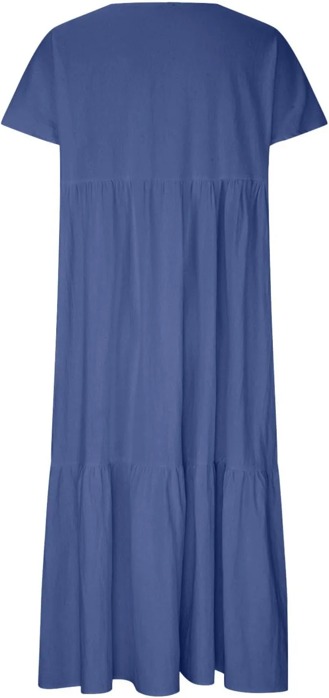Womens Summer Short Sleeve V Neck Midi Dress 2025 Fashion Casual Fit Flowy Tiered Boho Beach Vacation Sundress
