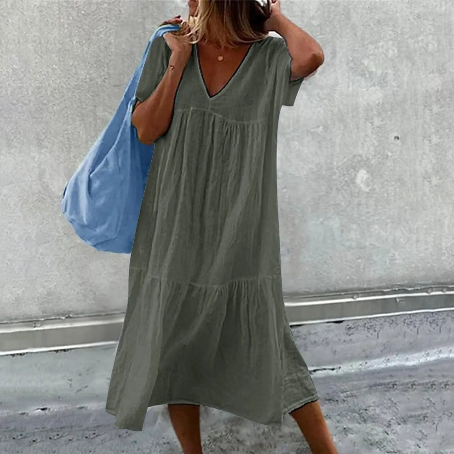 Womens Summer Short Sleeve V Neck Midi Dress 2025 Fashion Casual Fit Flowy Tiered Boho Beach Vacation Sundress