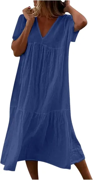 Womens Summer Short Sleeve V Neck Midi Dress 2025 Fashion Casual Fit Flowy Tiered Boho Beach Vacation Sundress
