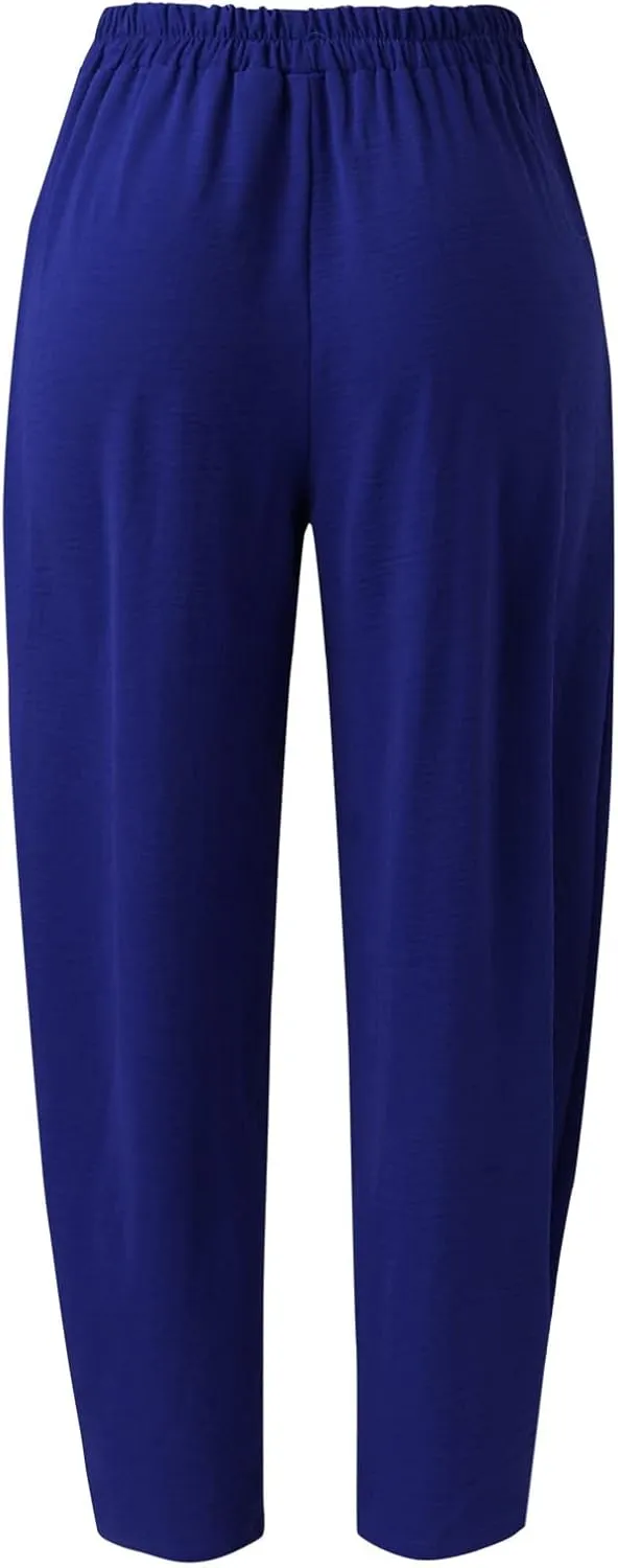 YOLAI Solid Color Cotton Linen Pant for Women High Waist Casual Trousers with Pockets Lightweight Comfort Wide Leg Pants (Blue, L)
