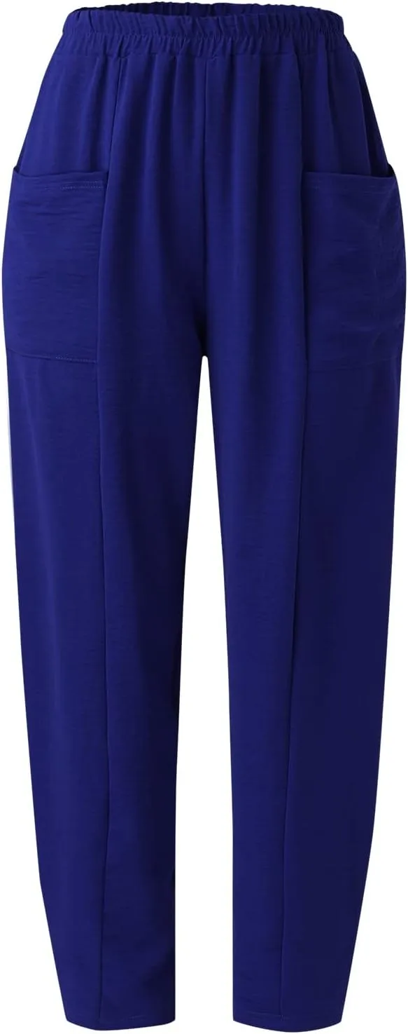 YOLAI Solid Color Cotton Linen Pant for Women High Waist Casual Trousers with Pockets Lightweight Comfort Wide Leg Pants (Blue, L)