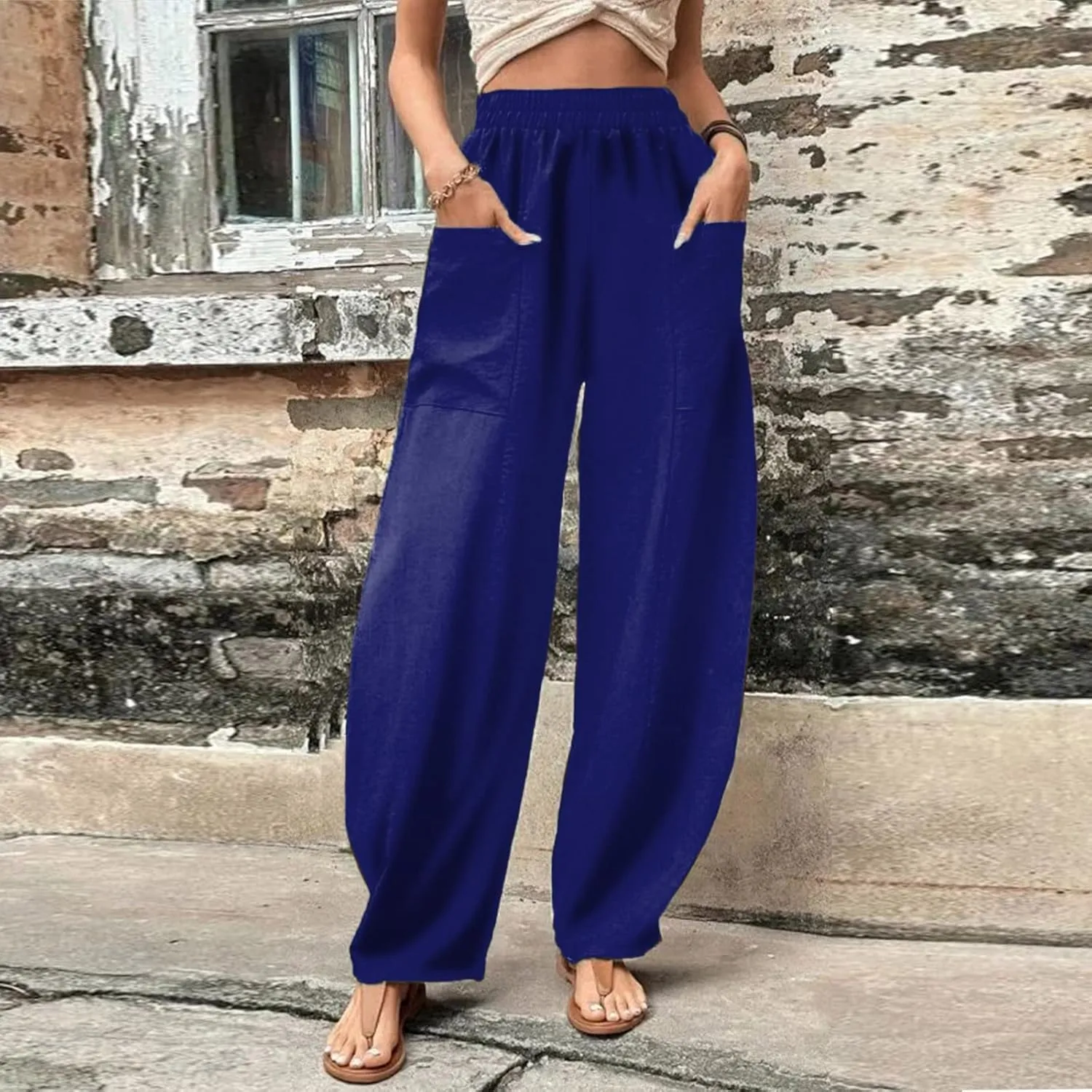 YOLAI Solid Color Cotton Linen Pant for Women High Waist Casual Trousers with Pockets Lightweight Comfort Wide Leg Pants (Blue, L)
