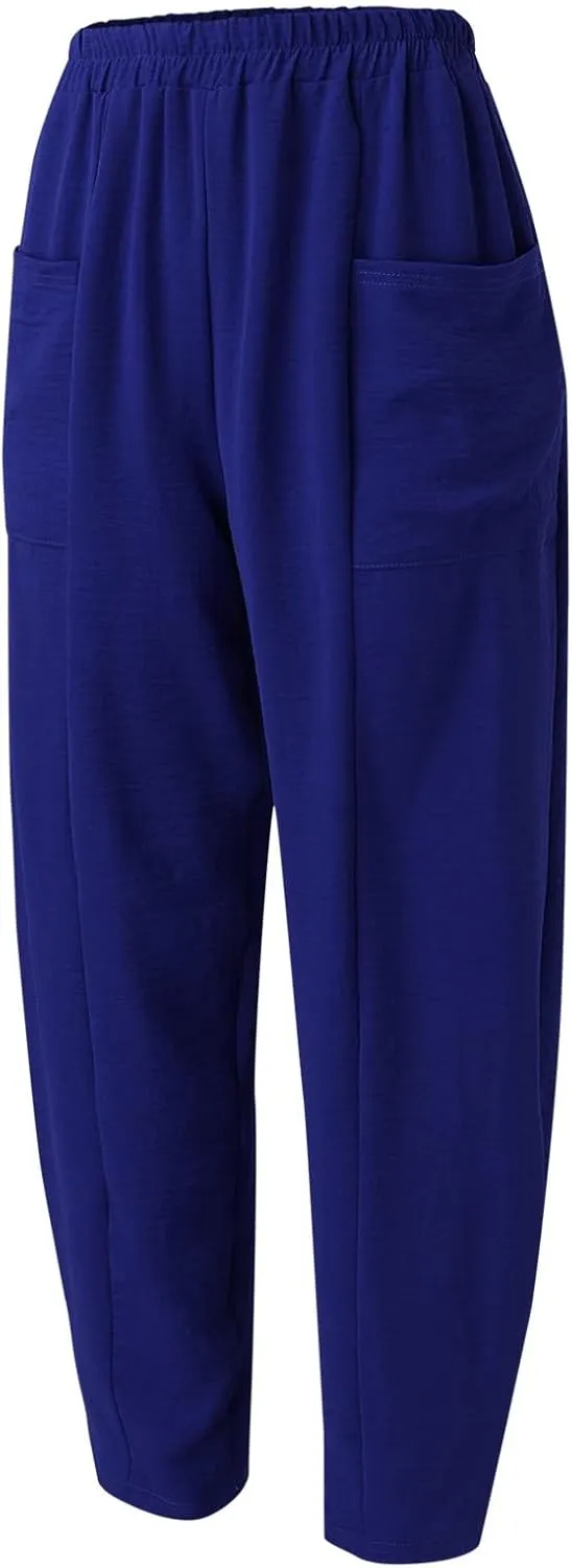 YOLAI Solid Color Cotton Linen Pant for Women High Waist Casual Trousers with Pockets Lightweight Comfort Wide Leg Pants (Blue, L)