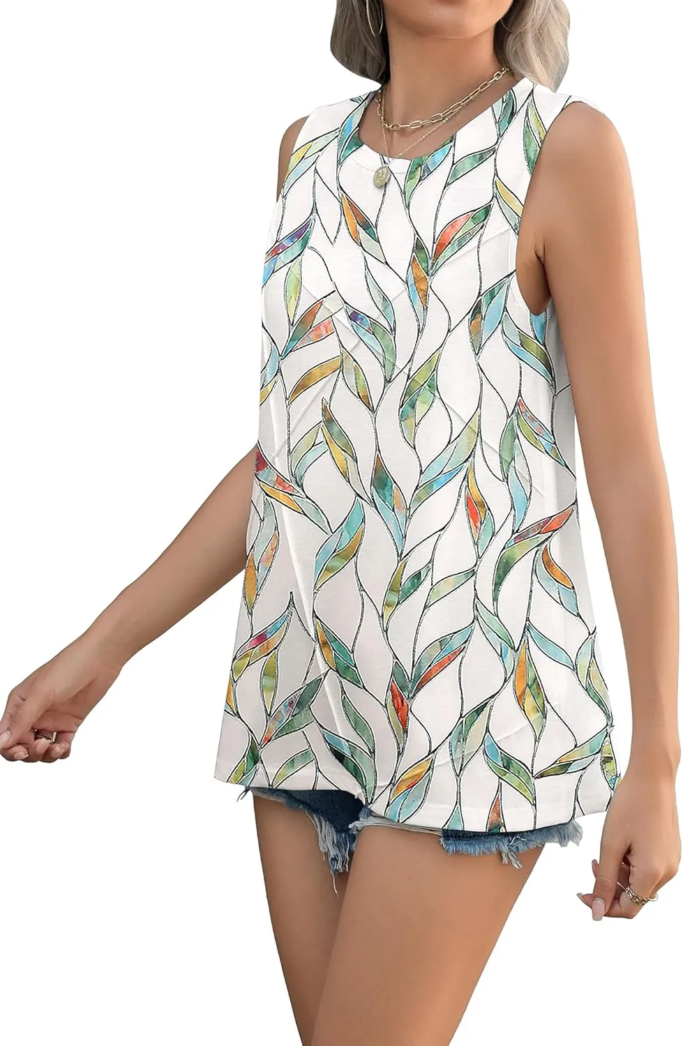 Zeagoo Beach Vacation Clothes for Women Pleated High Neck Flowy Sleeveless Tank Tops Summer Loose Fit Tunic Blouses