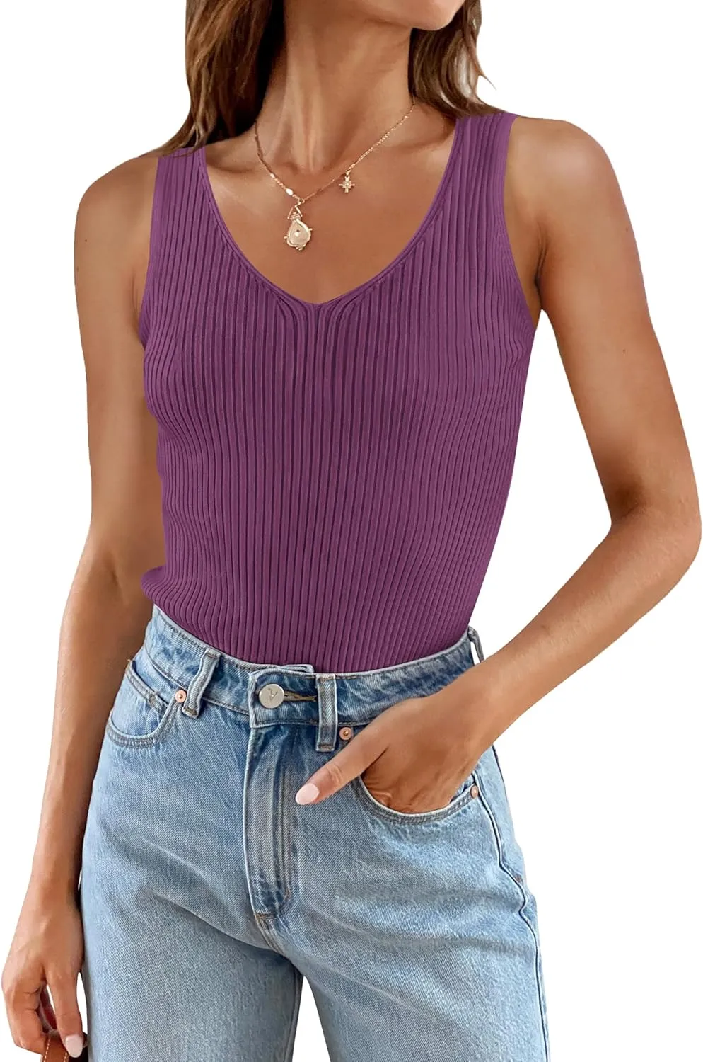 ZESICA Womens Ribbed Tank Tops Summer Sleeveless V Neck Shirts Casual Sexy Slim Fitted Basic Knit Tees