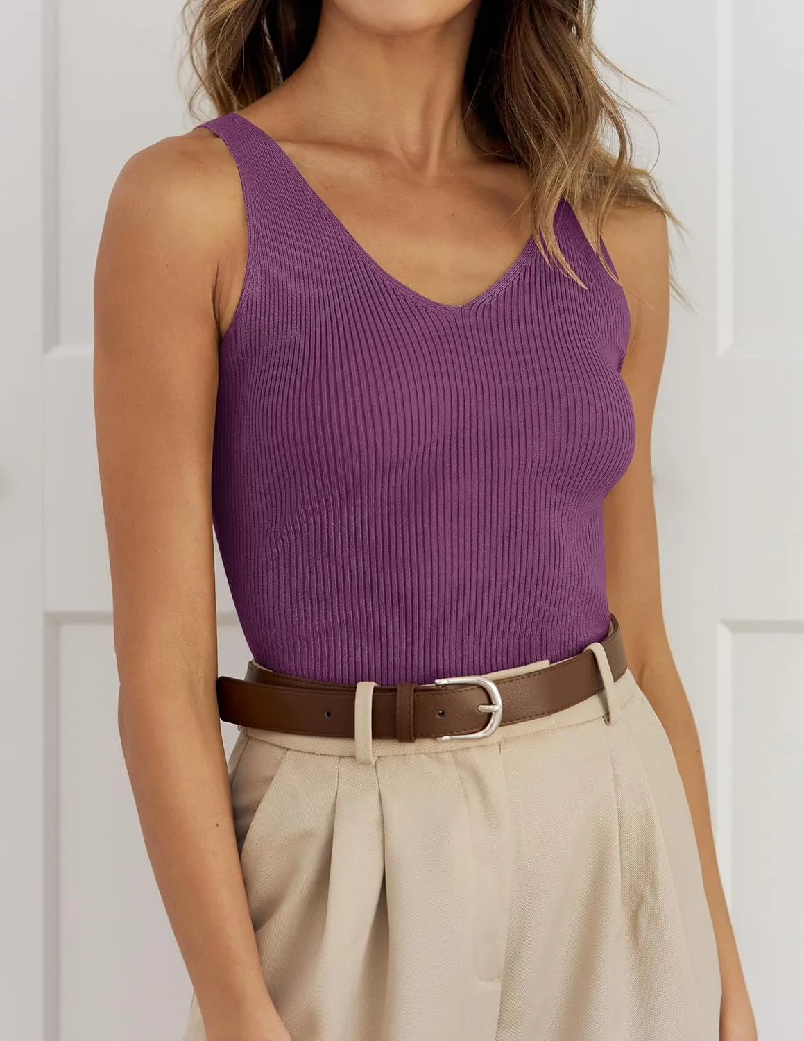 ZESICA Womens Ribbed Tank Tops Summer Sleeveless V Neck Shirts Casual Sexy Slim Fitted Basic Knit Tees