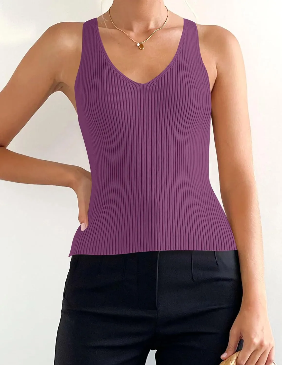 ZESICA Womens Ribbed Tank Tops Summer Sleeveless V Neck Shirts Casual Sexy Slim Fitted Basic Knit Tees