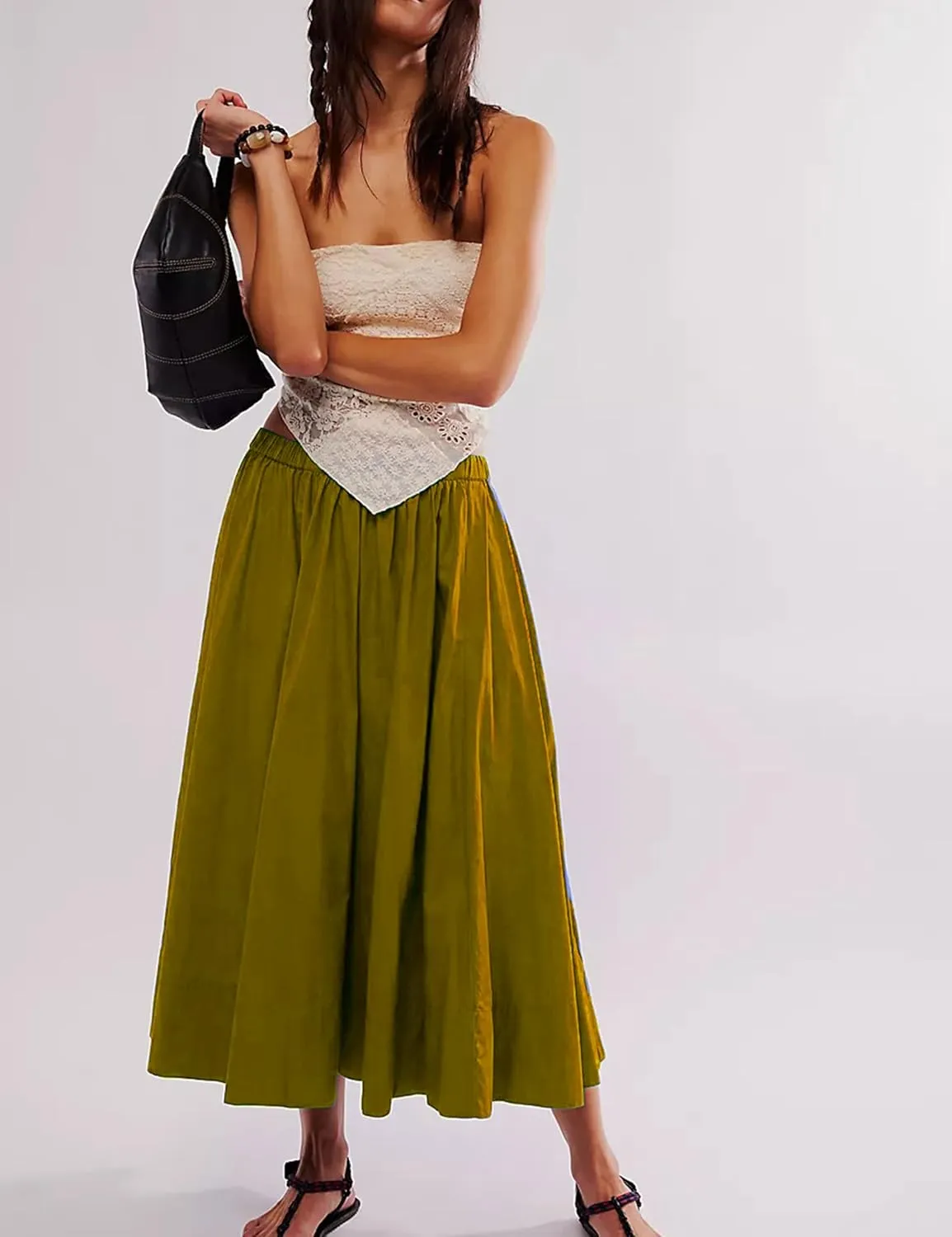 Zontroldy Women's Fashion Midi Skirt Elastic Waist Pleated Casual Cotton Long Skirts with Pockets