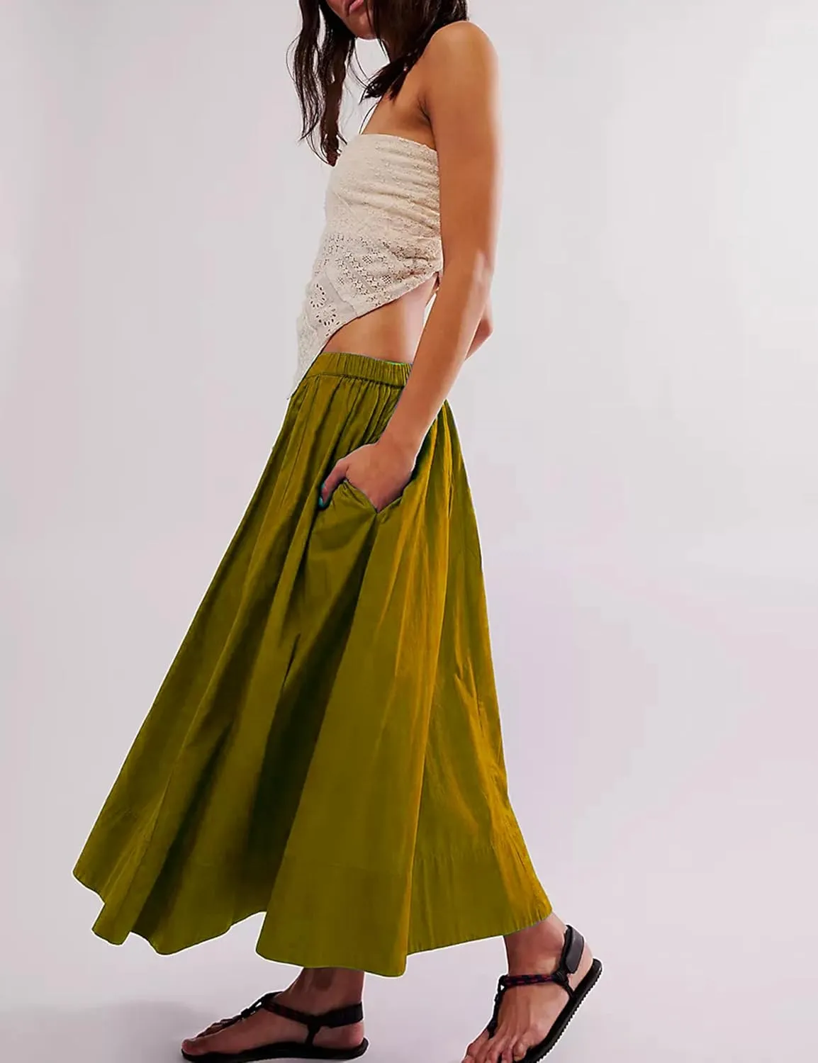Zontroldy Women's Fashion Midi Skirt Elastic Waist Pleated Casual Cotton Long Skirts with Pockets