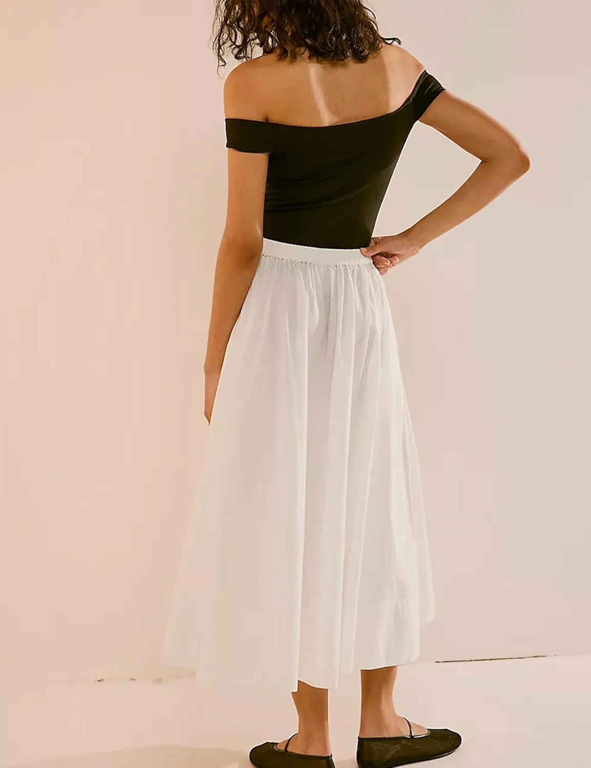 Zontroldy Women's Fashion Midi Skirt Elastic Waist Pleated Casual Cotton Long Skirts with Pockets