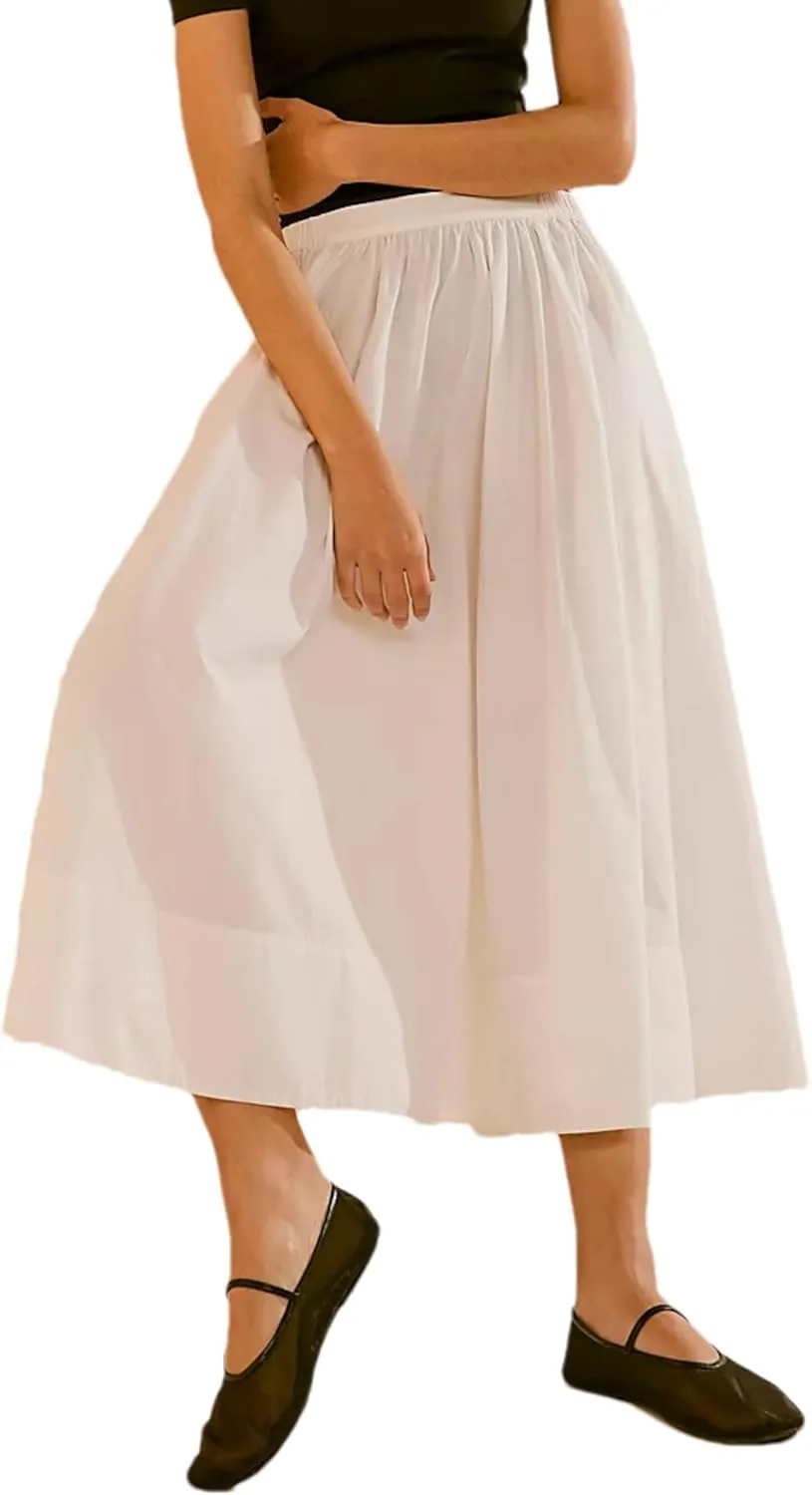 Zontroldy Women's Fashion Midi Skirt Elastic Waist Pleated Casual Cotton Long Skirts with Pockets