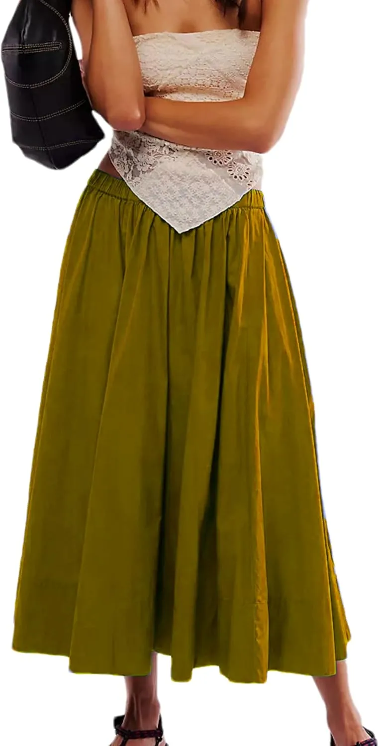 Zontroldy Women's Fashion Midi Skirt Elastic Waist Pleated Casual Cotton Long Skirts with Pockets