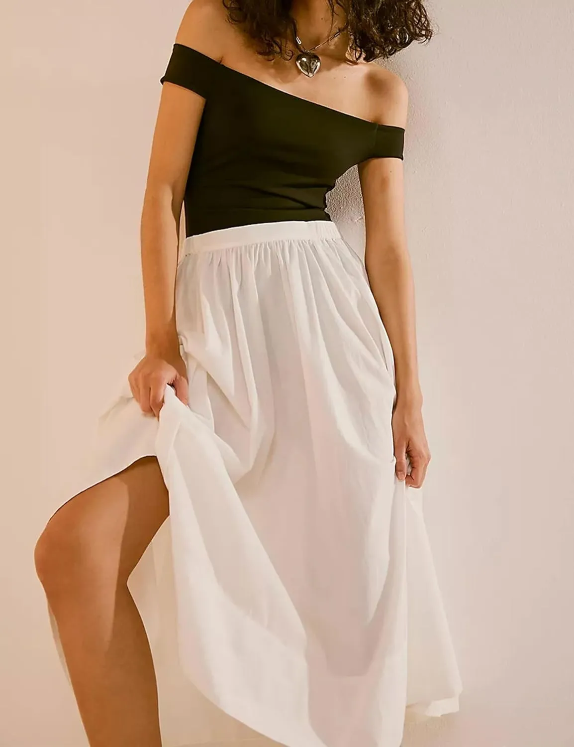 Zontroldy Women's Fashion Midi Skirt Elastic Waist Pleated Casual Cotton Long Skirts with Pockets