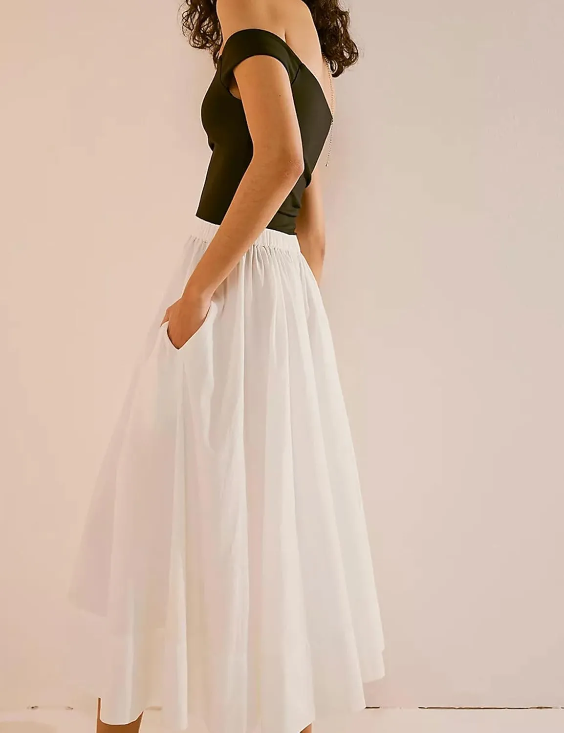 Zontroldy Women's Fashion Midi Skirt Elastic Waist Pleated Casual Cotton Long Skirts with Pockets