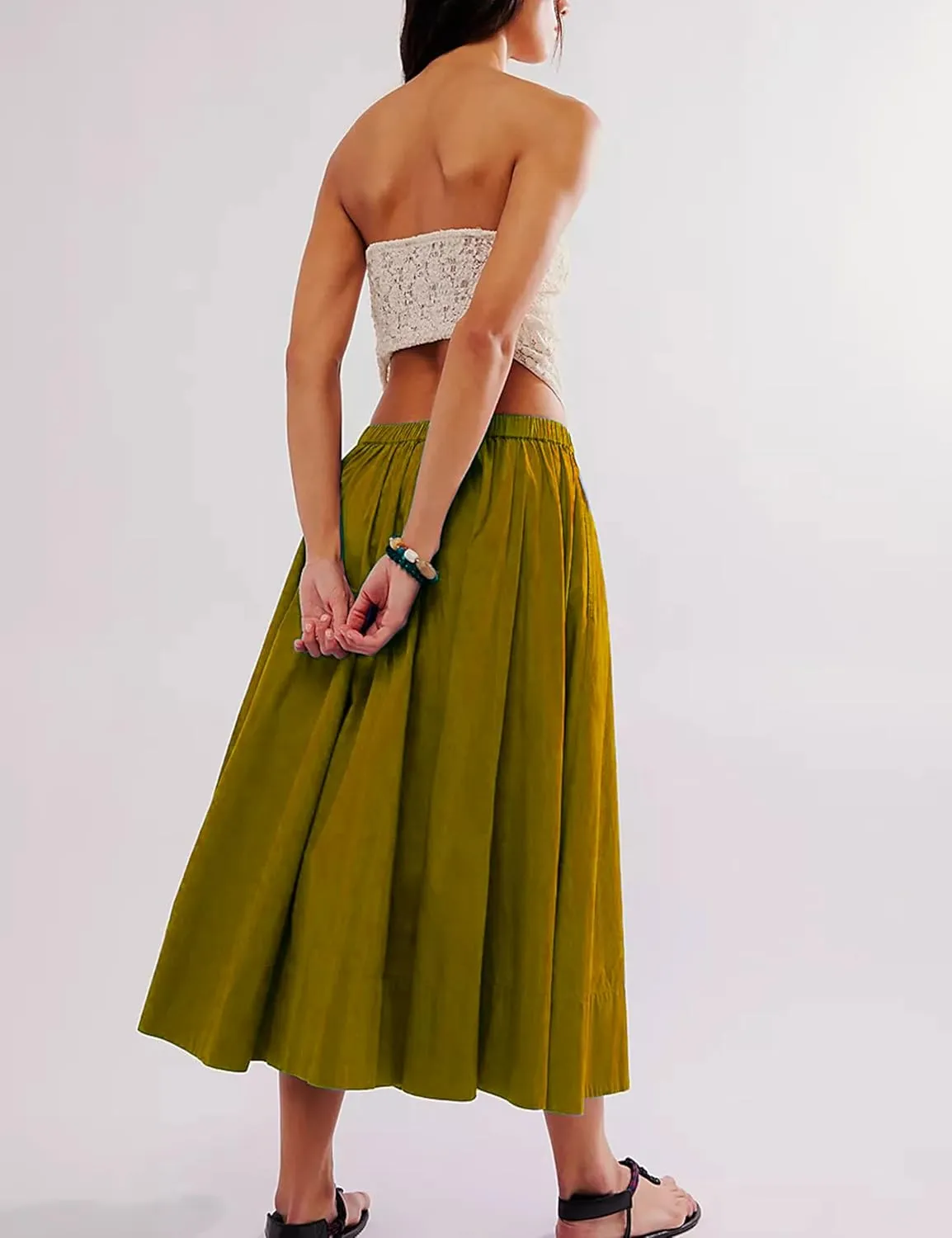 Zontroldy Women's Fashion Midi Skirt Elastic Waist Pleated Casual Cotton Long Skirts with Pockets